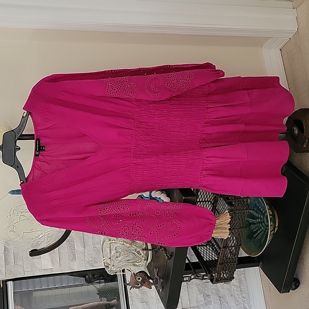 INC International Concepts Deep Pink, Low V-neck Dress, Eyelet long Sleeve Mediu